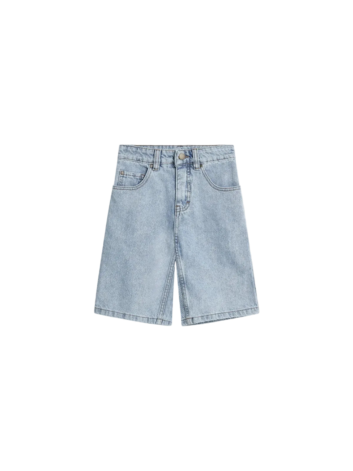 Denim shorts lay flat, displaying front pockets, belt loops, and a button closure. The background is plain white, emphasizing the light blue fabric and stitching details.