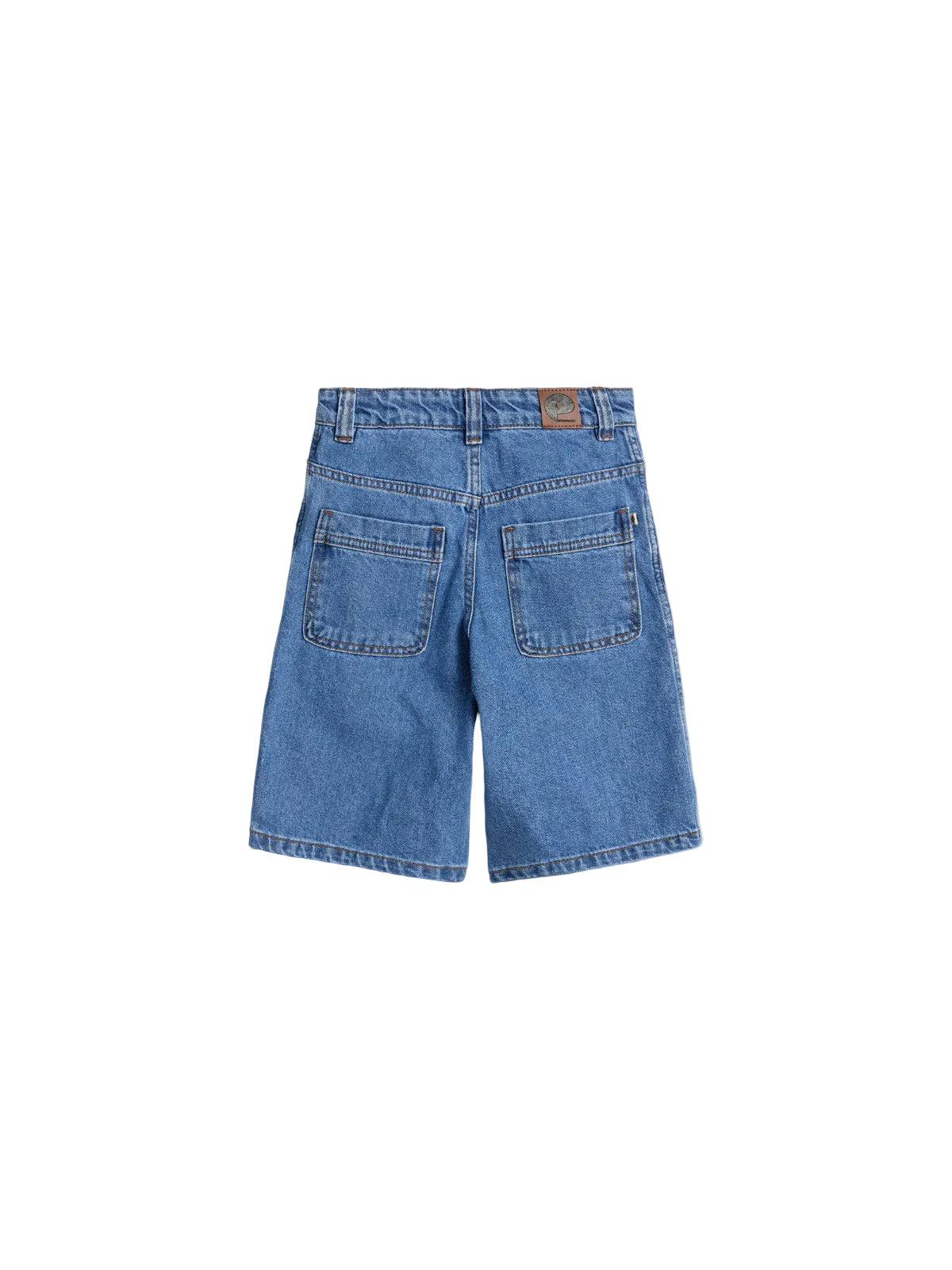 Blue denim shorts with two back pockets and belt loops. A brown leather patch, featuring a tree logo and the text "ORIGINAL LEE PREMIUM DENIM," is sewn on the waistband.