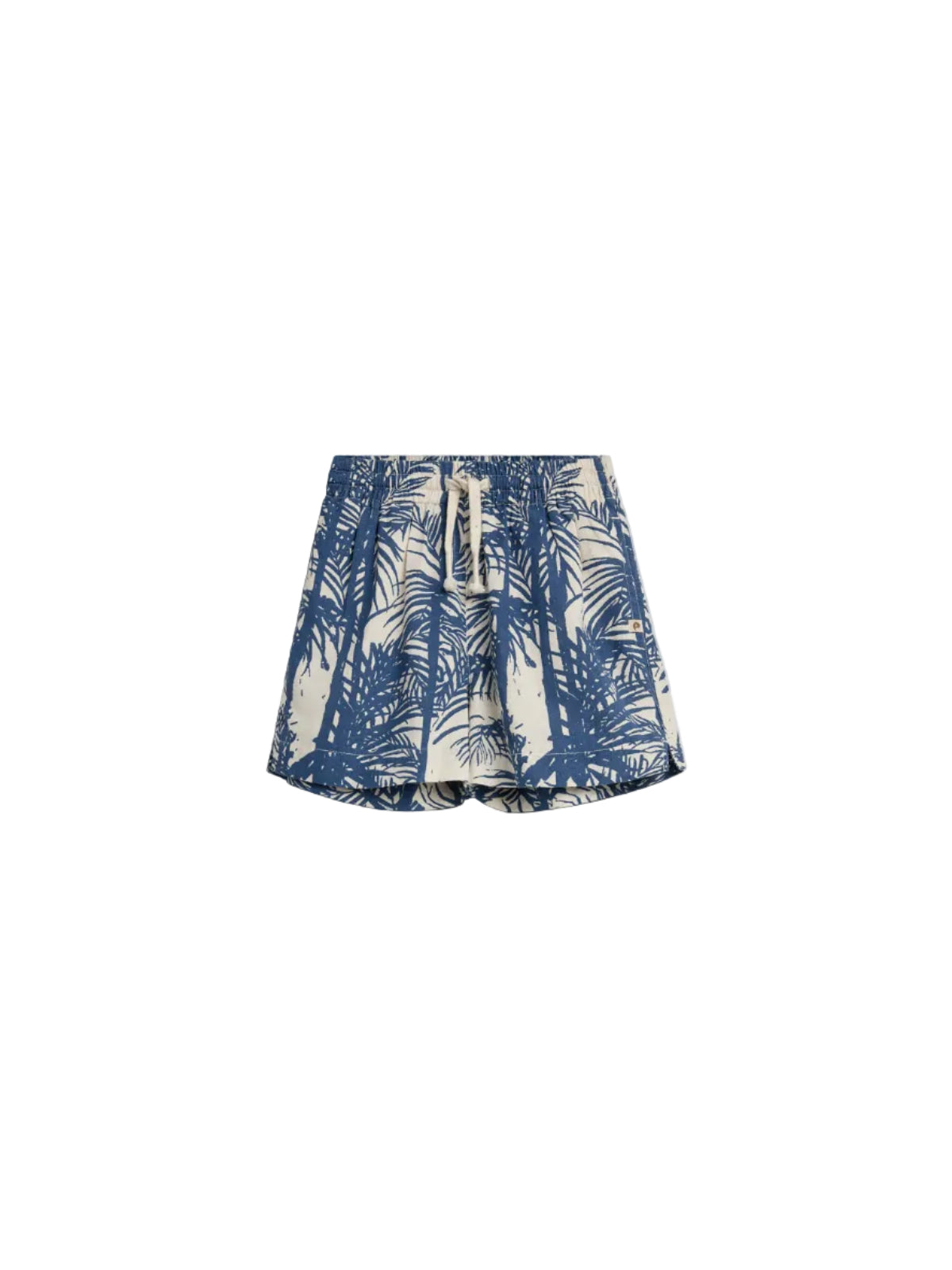 Blue and white shorts feature a palm tree pattern, with a drawstring waistband for adjustment. They are displayed against a neutral background, emphasizing their tropical design.