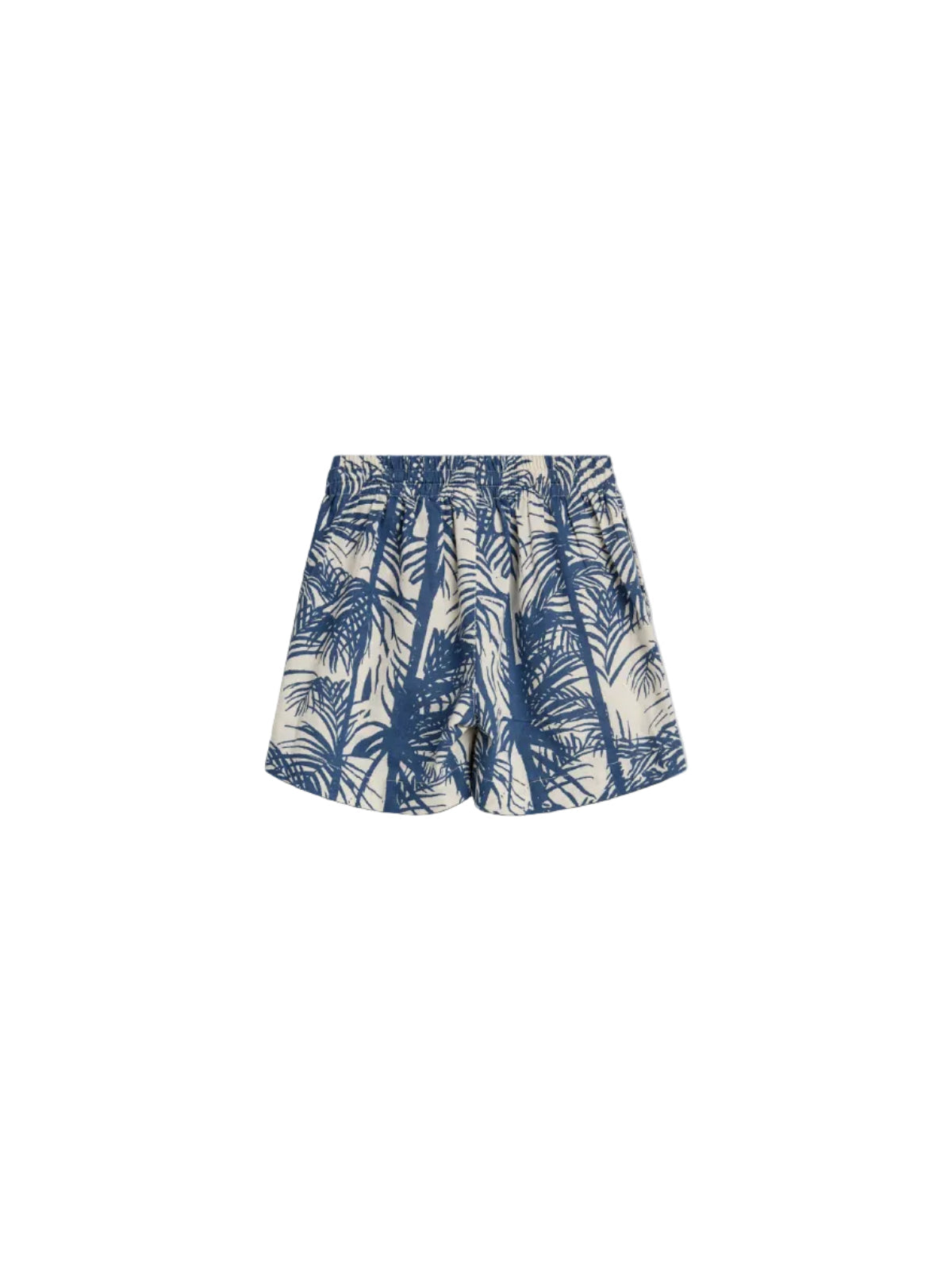 Shorts with a blue palm leaf pattern, featuring an elastic waistband, set against a plain white background. The design suggests a casual, tropical theme.