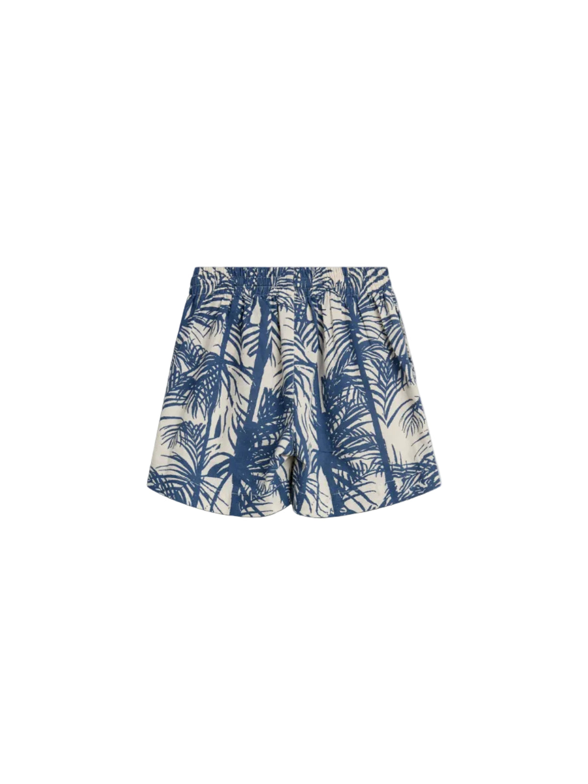 Short, loose-fitting shorts with an elastic waistband feature a blue tropical palm leaf pattern on a beige background, designed for a casual, relaxed setting.