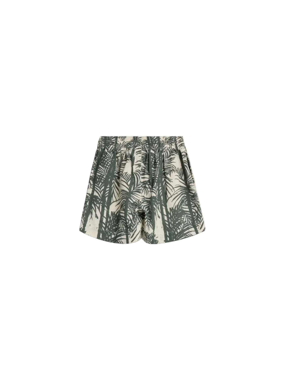 Shorts featuring a green palm tree pattern, with an elastic waistband, set against a neutral background, showcasing a casual, tropical theme.