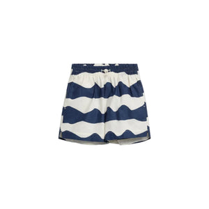 Shorts with blue and white wave patterns, featuring an elastic waistband and drawstring, displayed against a plain white background.
