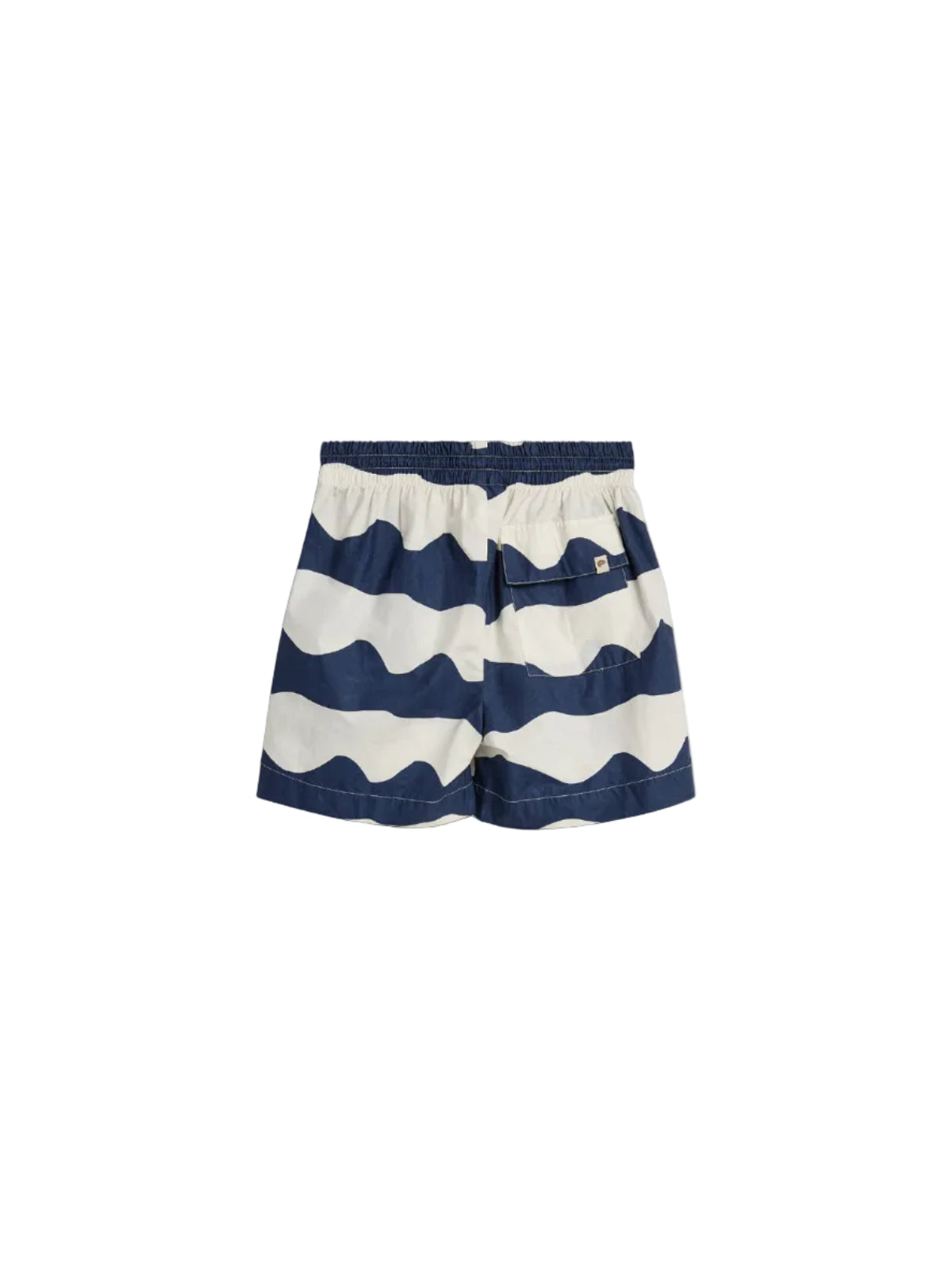 Shorts with blue and white wave-like stripes, featuring an elastic waistband and a back pocket with a buttoned flap. The design is set against a plain white background.