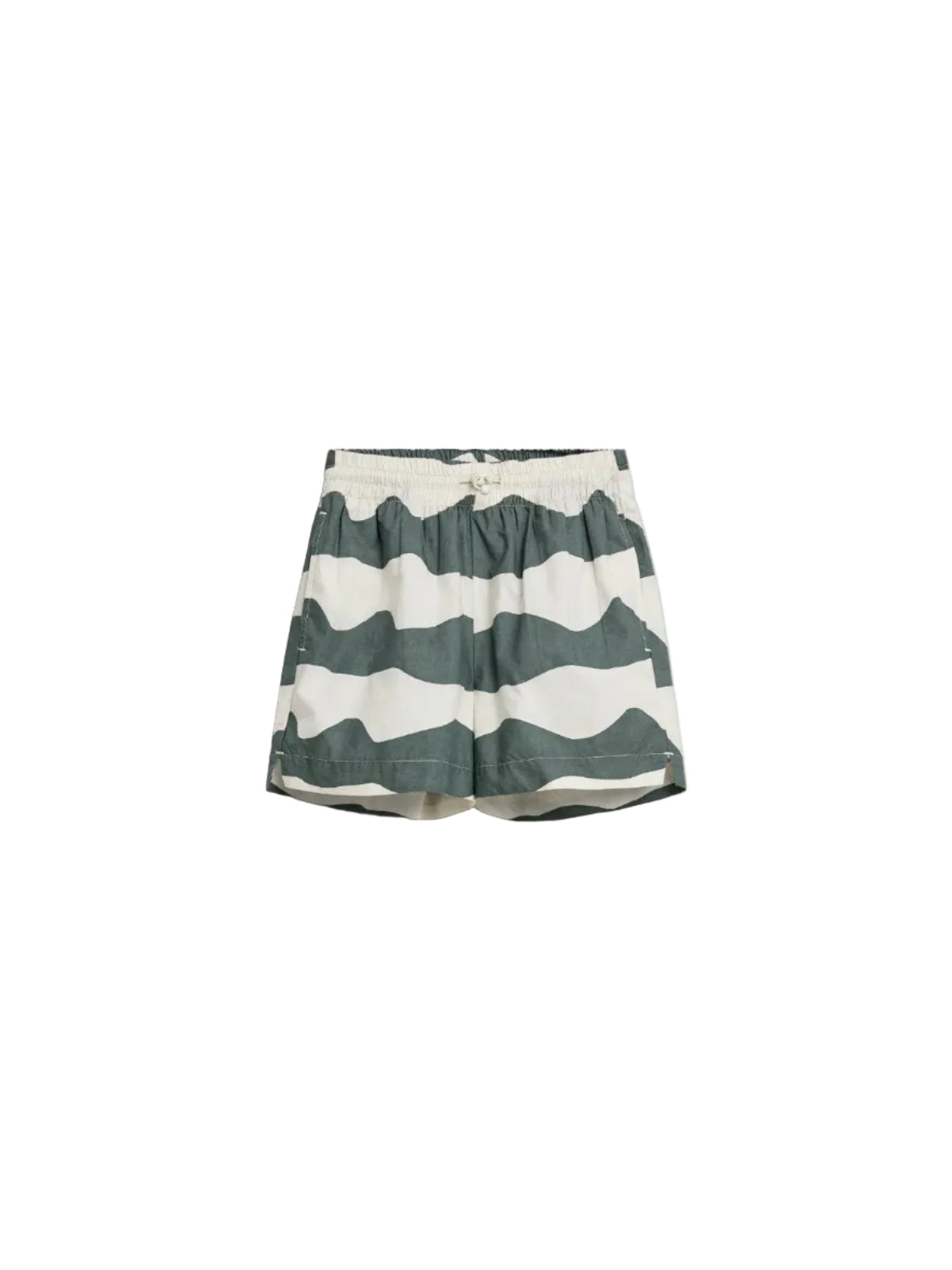 Green and white striped shorts with an elastic waistband and drawstring, lying flat against a white background. The pattern alternates between broad horizontal stripes, creating a casual appearance.