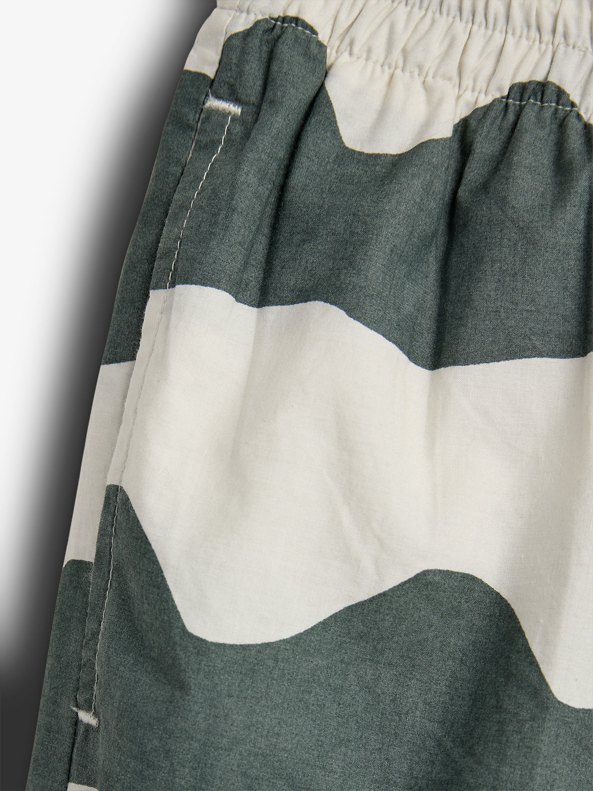 Green and off-white striped fabric with elastic gathers forms part of clothing, possibly shorts, shown in close-up. The stitching and seam detail accentuate the texture and pattern.