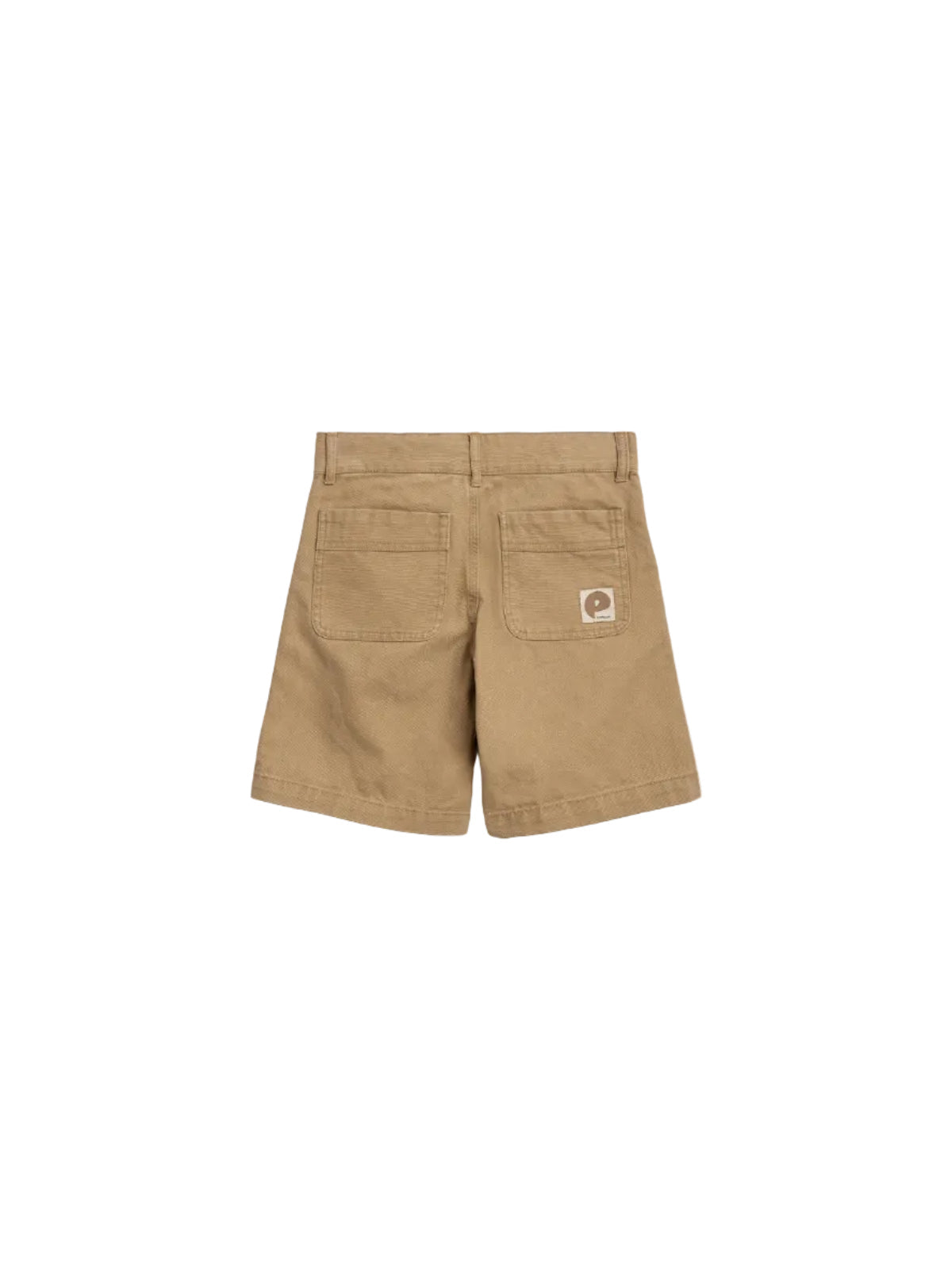 Tan shorts with two rear pockets feature a small fabric logo on the right pocket. The shorts are displayed against a plain white background, emphasizing their casual design.