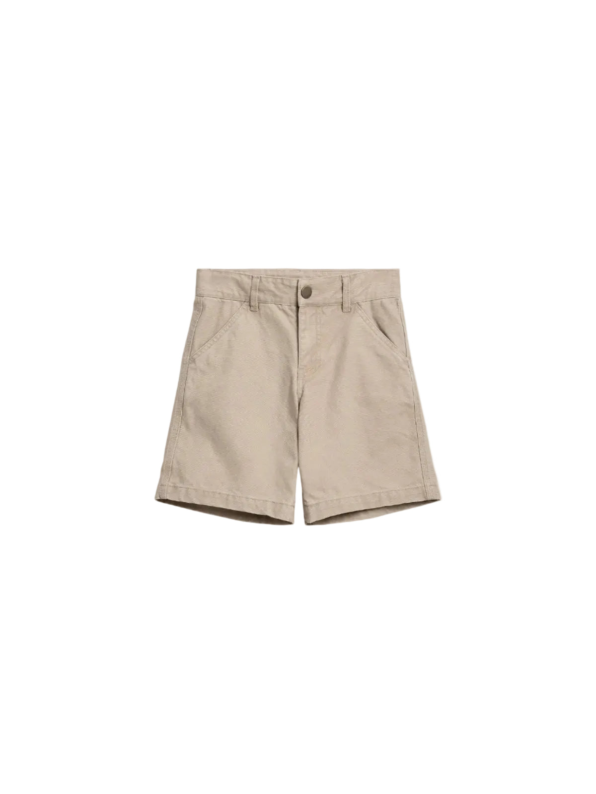 Beige khaki shorts with a button and zip closure, front pockets, and belt loops, displayed flat against a plain white background.