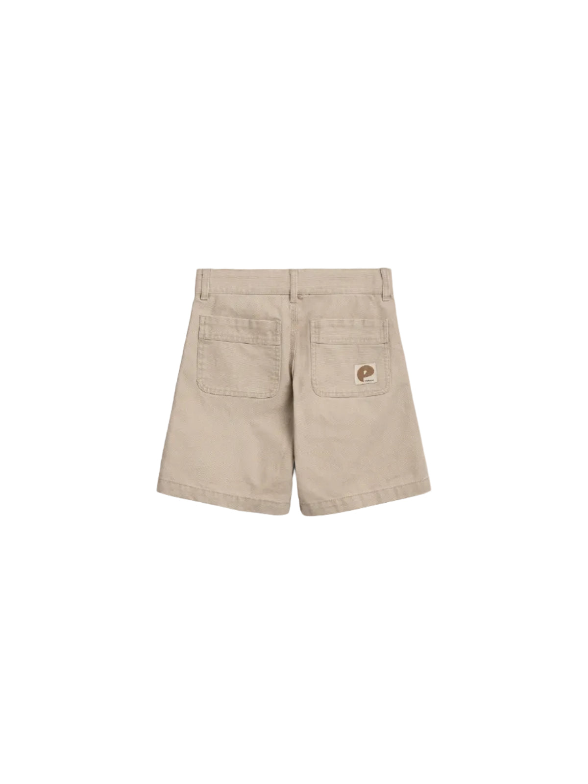 Beige shorts lie flat showing their back, featuring two pockets and a small logo with the letter "P" and "POP TRADING" on the right pocket, against a plain background.