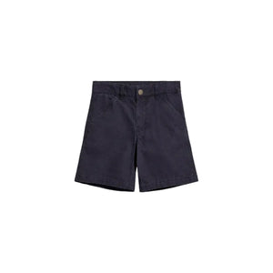 Dark navy shorts are neatly laid out against a plain white background. They feature front pockets, belt loops, and a button closure, creating a simple, casual appearance.