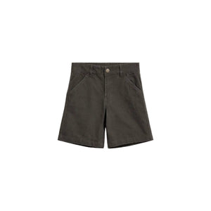 Dark brown shorts with a button closure and belt loops, featuring two front pockets. Laid flat on a plain white background.