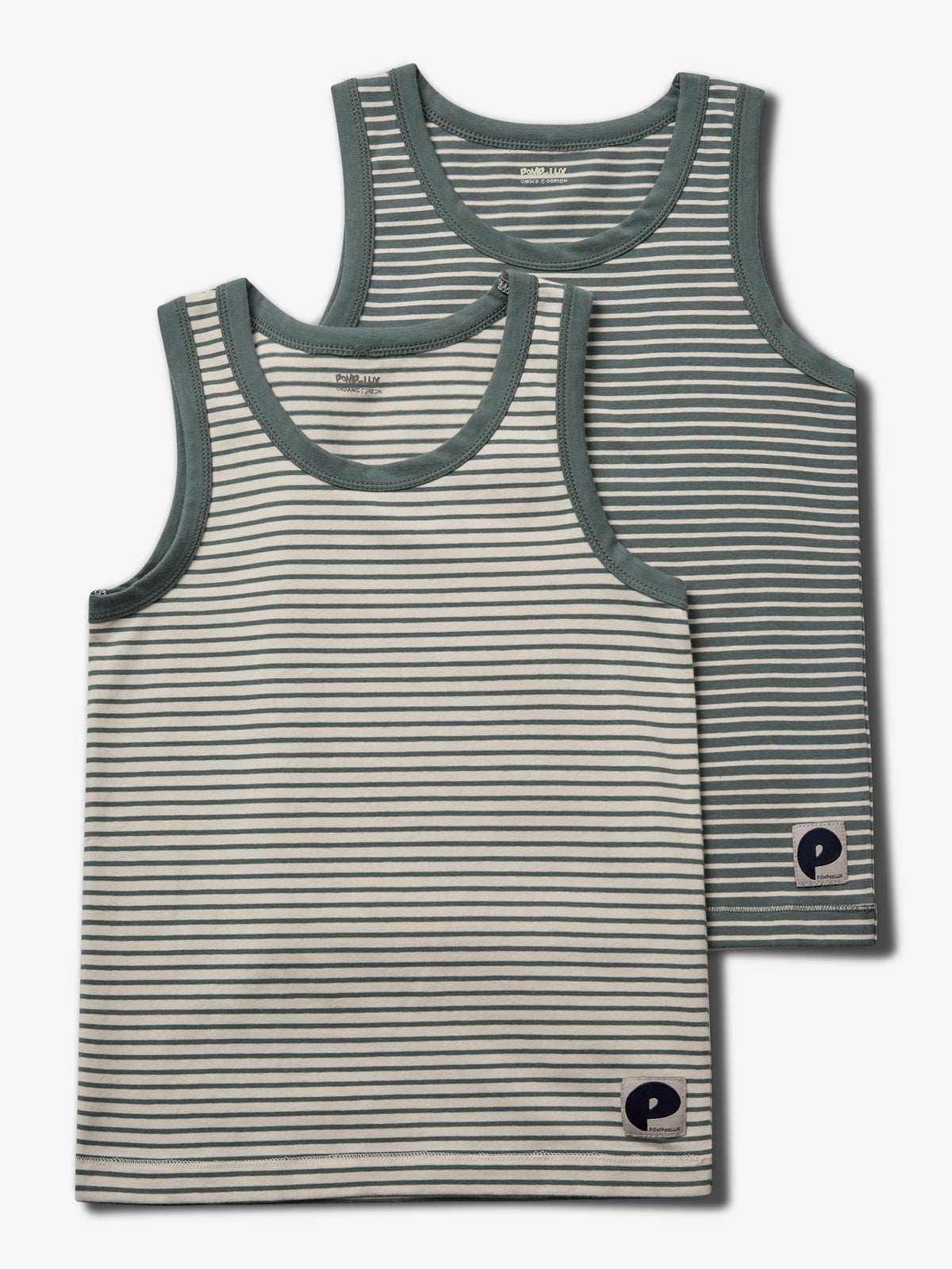 To sæt af stribede tanktops i grønlige nuancer, placeret mod en hvid baggrund med mærket "POMPdeLUX" synligt på hvert stykke tøj.