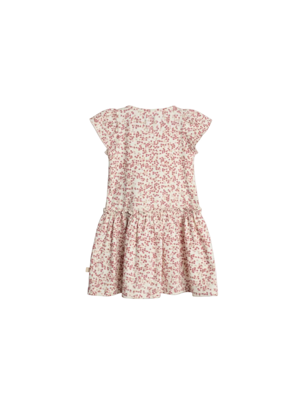A floral-patterned dress, predominantly pink and white, is displayed on a white background. It features short sleeves and a ruffled waist, providing a soft, feminine style.