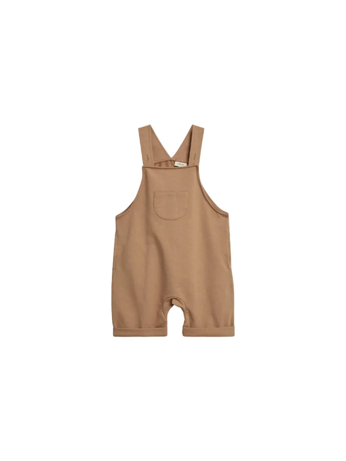 Brown toddler overalls hang against a white background, featuring a front pocket and adjustable straps. The label inside reads "petit lucas."