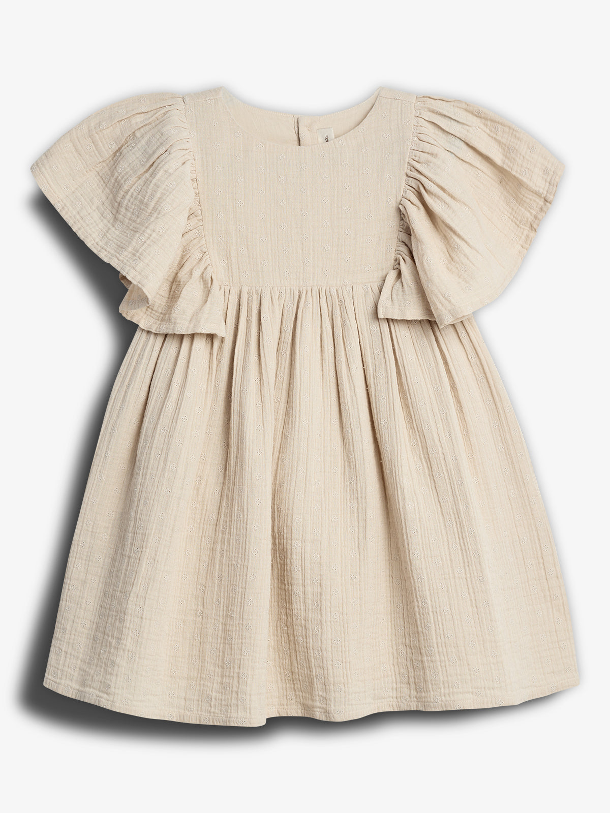 A beige children's dress with flutter sleeves and a gathered waist, made from textured fabric, displayed against a white background.