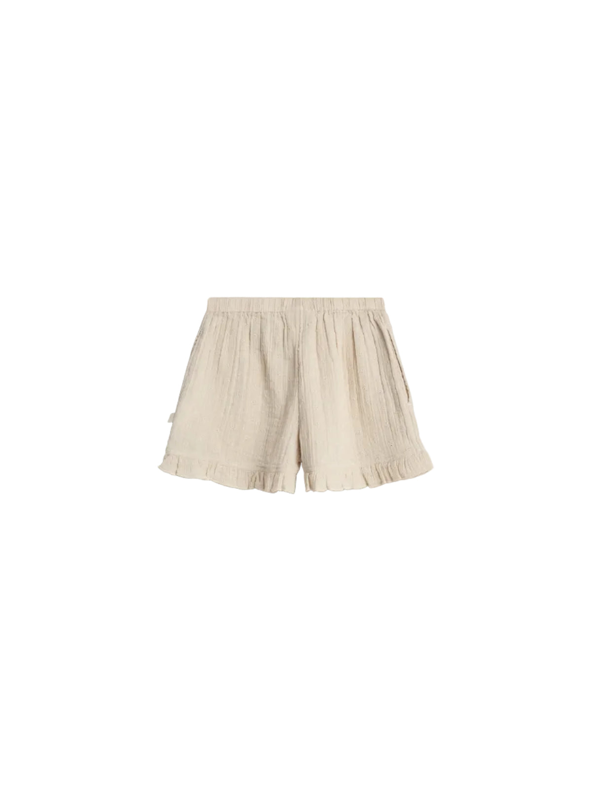 Cream-colored shorts display embroidered floral patterns with an elastic waistband and ruffled hem, lying flat against a plain white background.