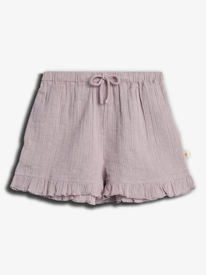 Lilac-colored textured shorts have a drawstring waistband, small floral patterns, and ruffled hems, displayed against a plain white background.