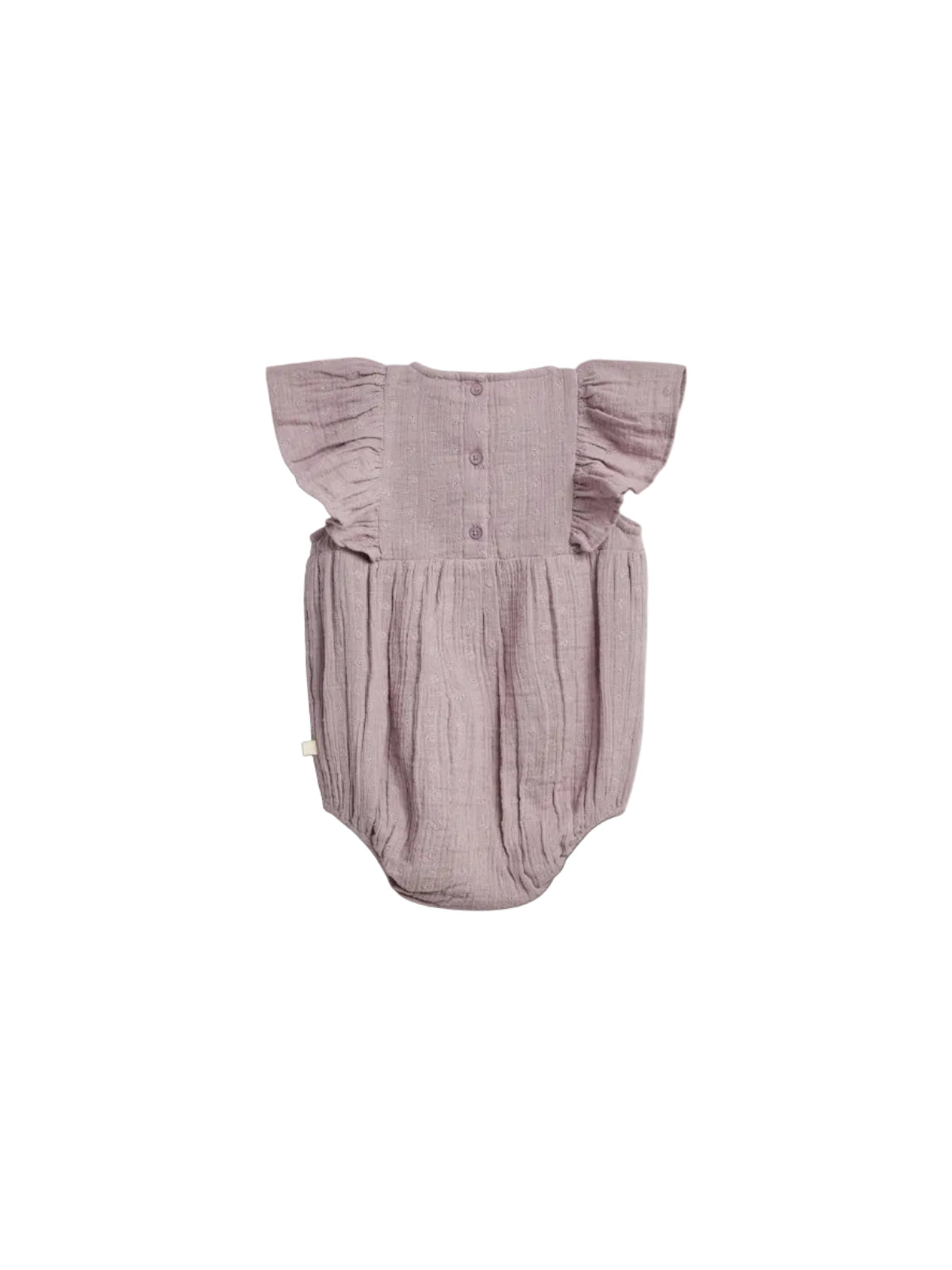 A lavender baby romper with ruffled cap sleeves and three buttons down the back; textured fabric features small floral patterns. It is displayed against a plain white background.