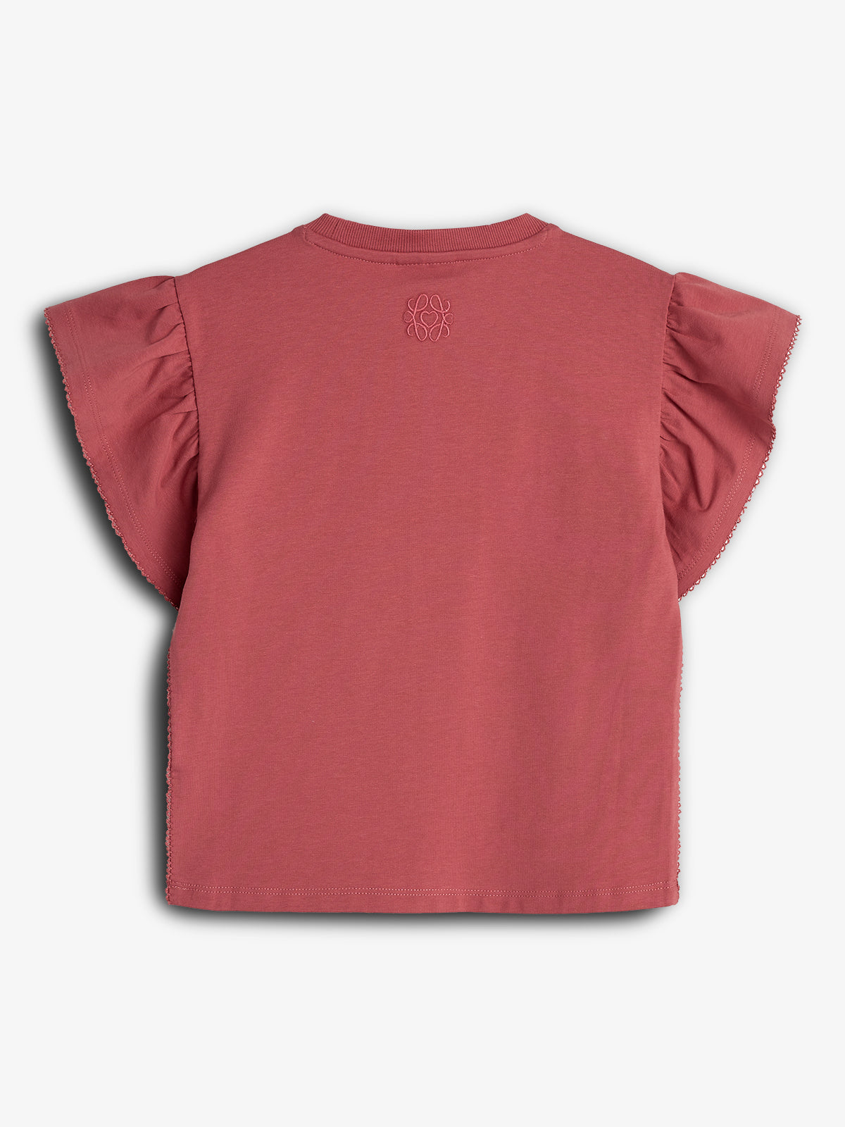 Red short-sleeved blouse with ruffled sleeves on a white background. Features an embroidered logo on the upper back below the neckline. The edges of the sleeves have subtle decorative trim.