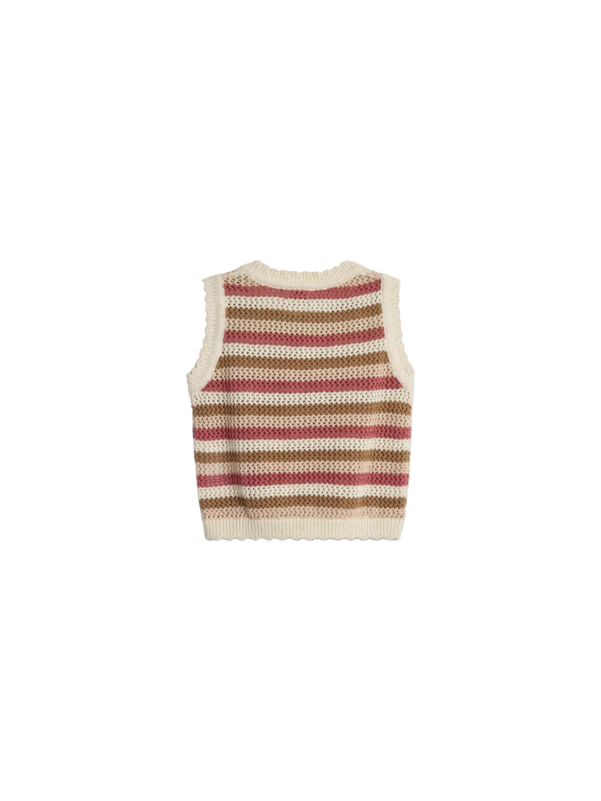 A knitted vest with multicolored horizontal stripes in cream, brown, and pink. It has a sleeveless design with a ribbed collar and hem, set against a plain background.