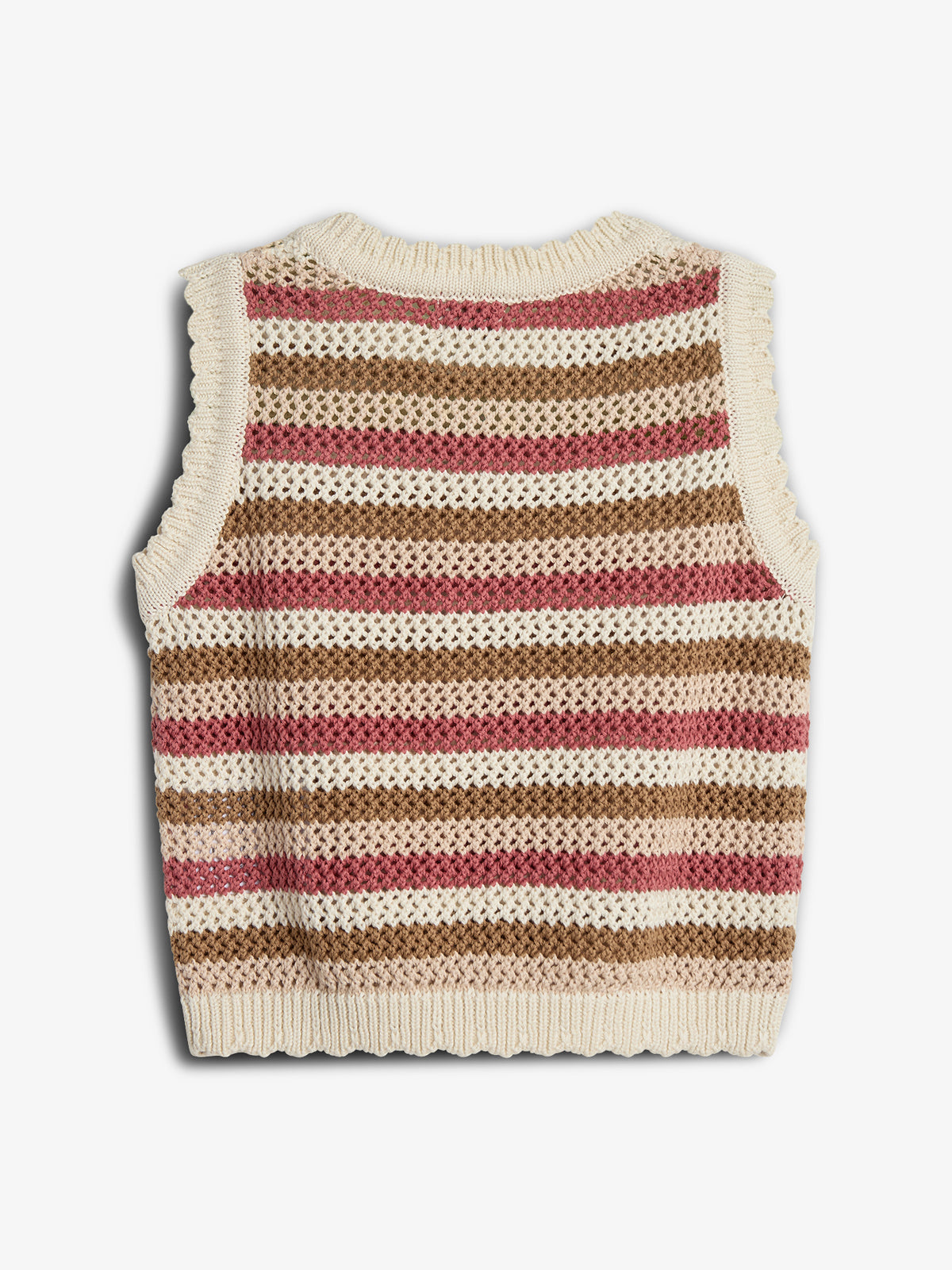 A knitted sleeveless vest features horizontal stripes in red, brown, and cream colors. It's displayed against a plain white background.