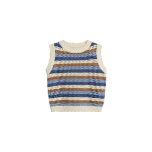 Sleeveless knit vest with cream, brown, and blue horizontal stripes, featuring a ribbed crew neckline and hem, set against a plain white background.