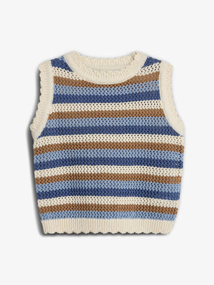 Sleeveless knit vest with cream, brown, and blue horizontal stripes, featuring a ribbed crew neckline and hem, set against a plain white background.