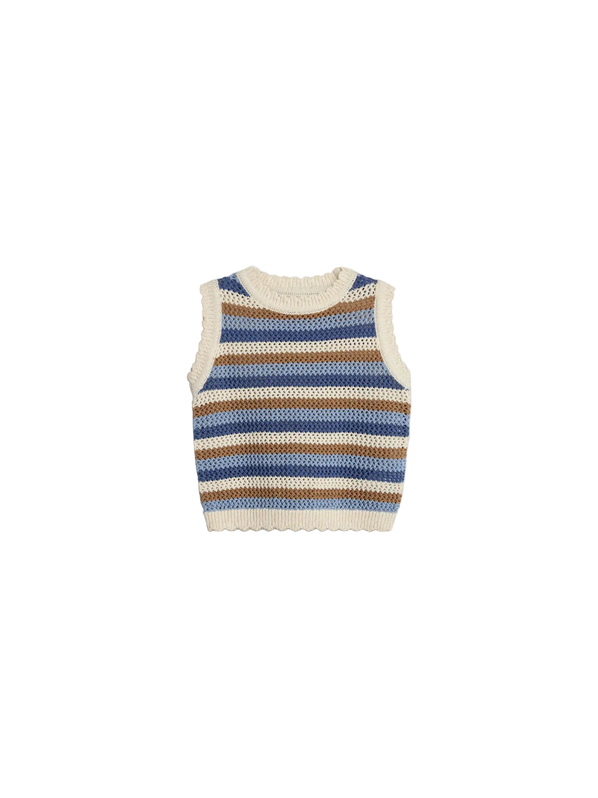 Sleeveless, knitted vest features horizontal stripes in beige, brown, and blue. The texture is open-weave, with ribbed edges at the neck, armholes, and hem, set against a plain background.