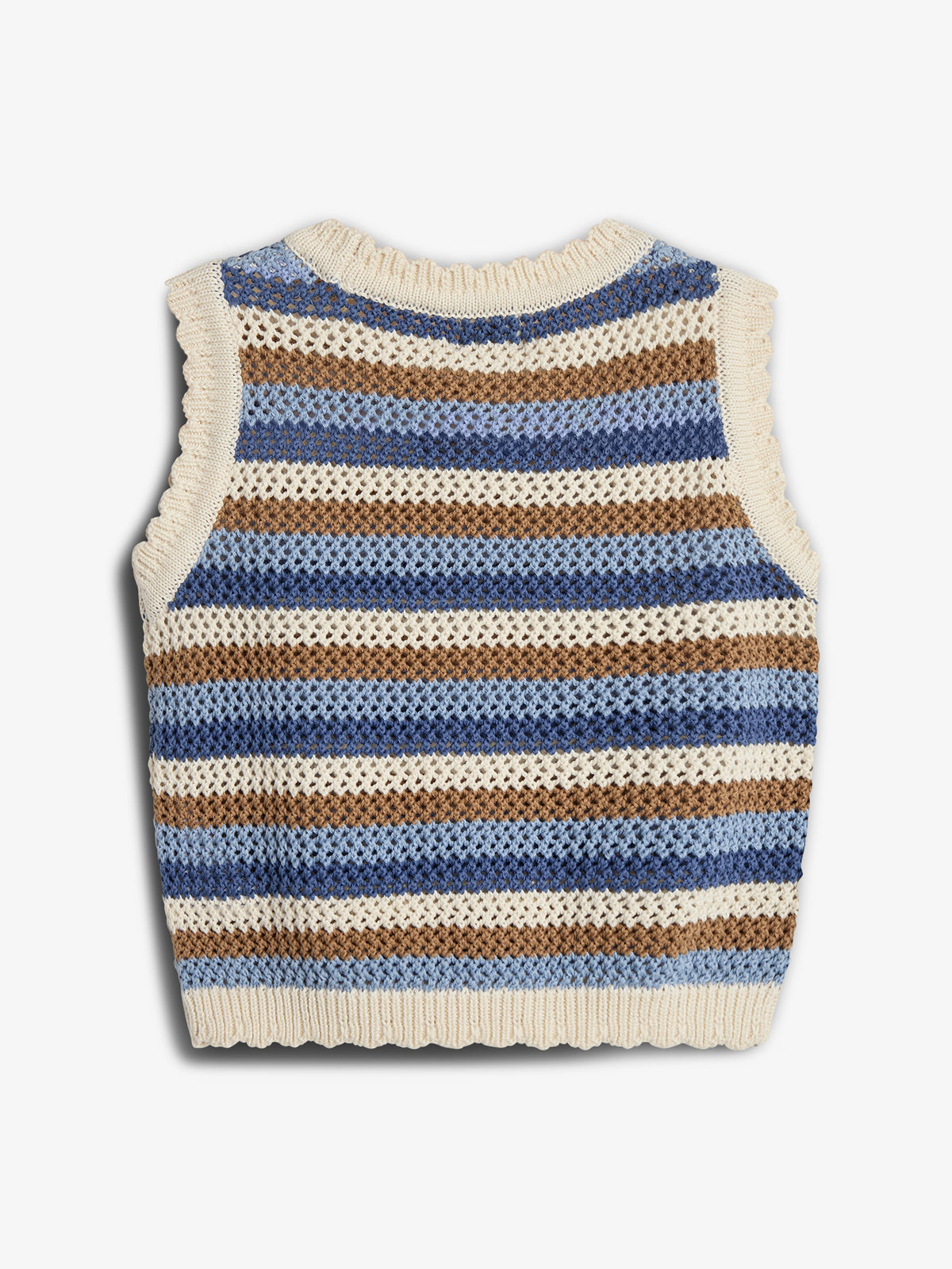 A sleeveless knitted vest features horizontal stripes in white, brown, and blue. The texture is mesh-like, and it lies flat against a plain white background.