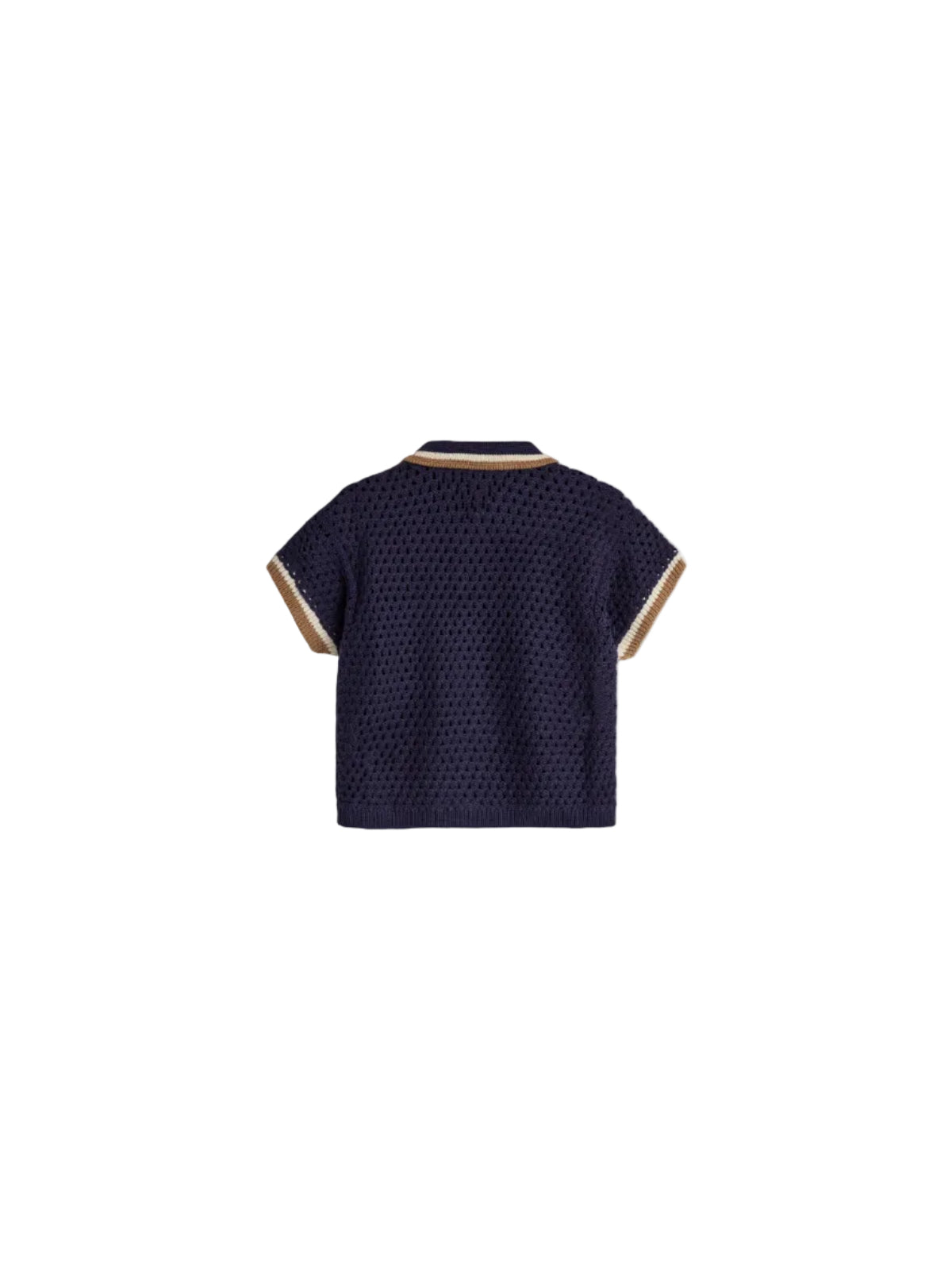 A navy crochet short-sleeve sweater features contrasting beige and white trim on the collar and sleeves. The texture is patterned, creating a lightweight appearance. The background is a plain white.
