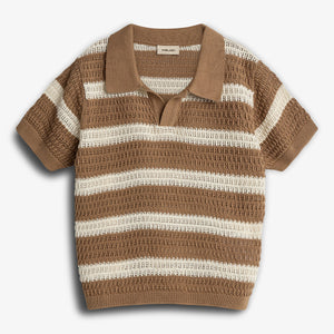 A short-sleeved, collared knit sweater features alternating brown and cream horizontal stripes. It is laid flat against a white background. A label inside reads "Parade."