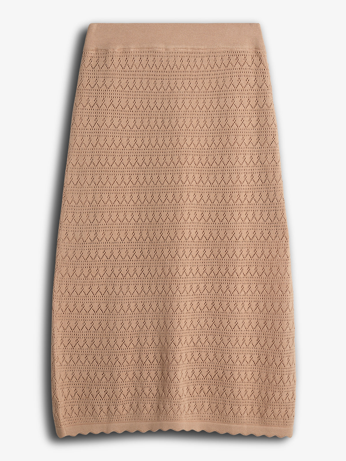Tan knitted skirt featuring a delicate openwork diamond pattern; neatly laid flat against a plain white background.