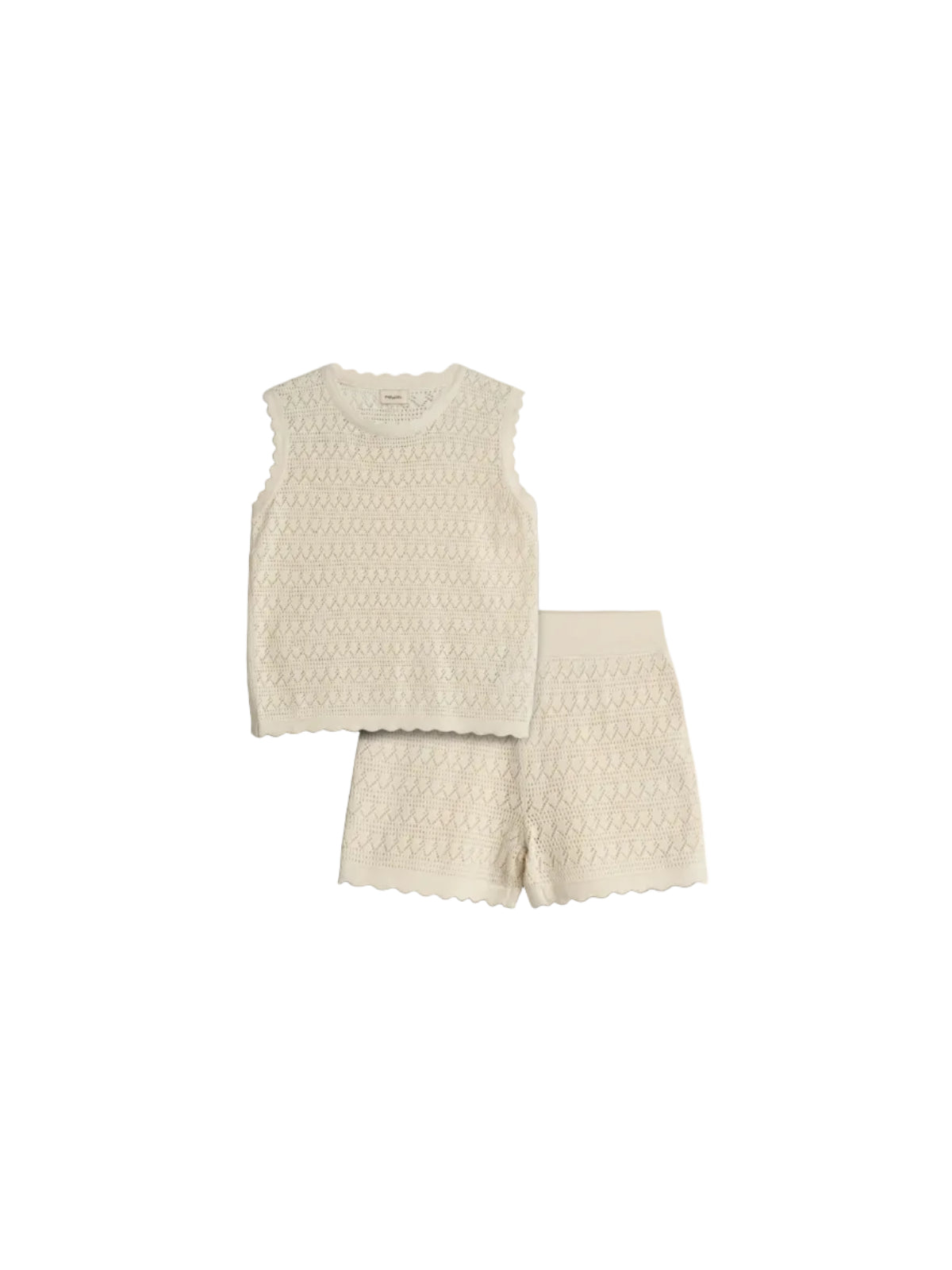 A cream-colored sleeveless knit top and shorts set lies against a plain background, showcasing a delicate diamond pattern and scalloped edges, exuding a soft and casual style.