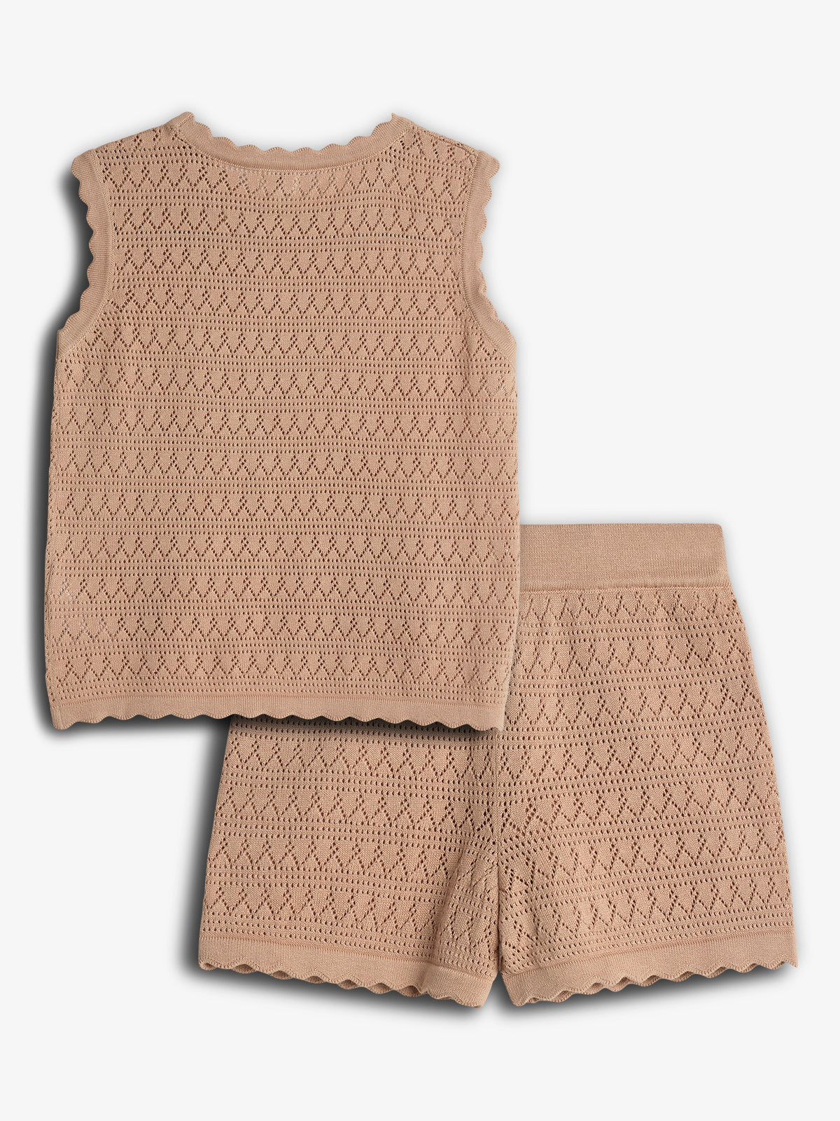 Sleeveless knit top and matching shorts, made of soft, beige yarn with a delicate, repetitive diamond pattern. Displayed on a plain, light background, showcasing scalloped edging.