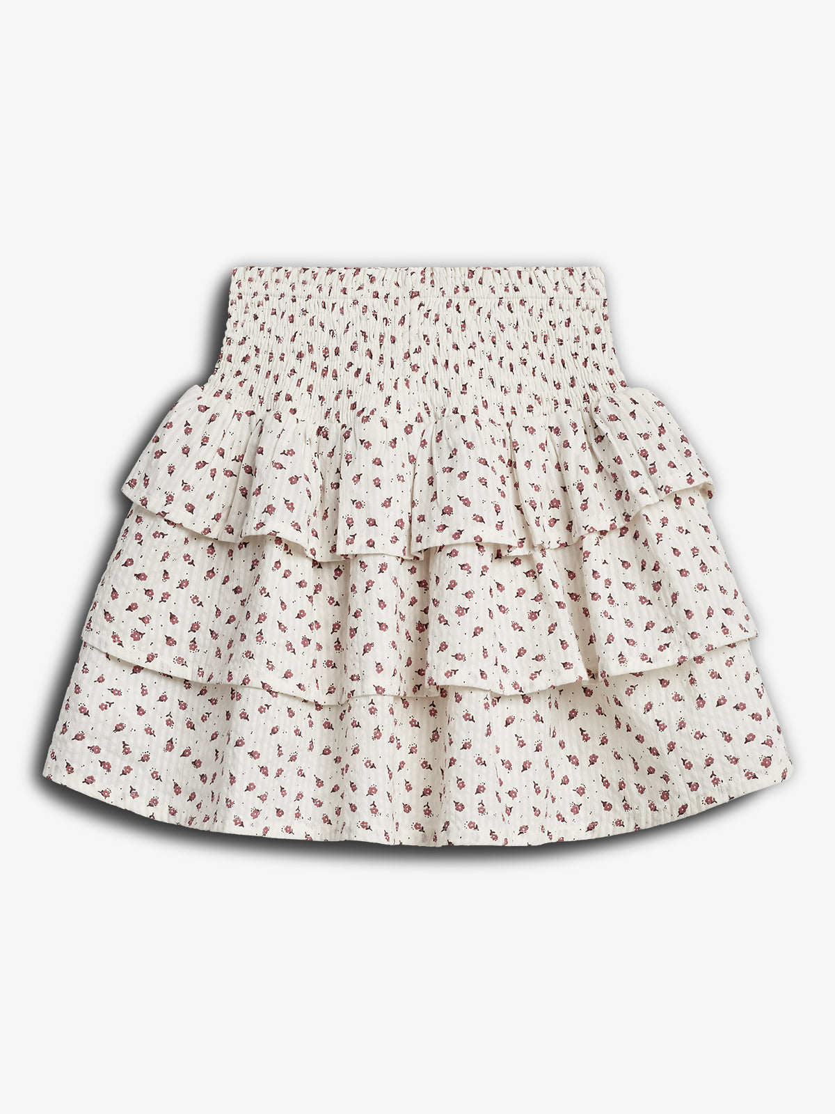White tiered skirt featuring small red floral print, with an elastic waistband, displayed against a plain white background.