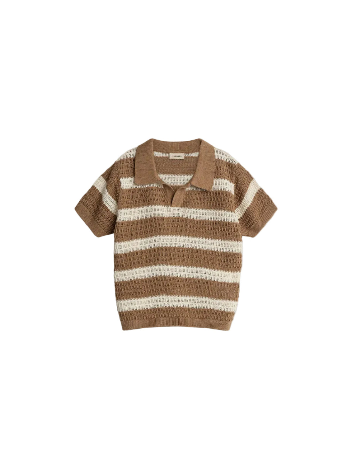 A striped short-sleeve knit shirt with a collared neck features alternating brown and cream horizontal stripes. The tag inside the collar reads "Parallel." The shirt is displayed against a white background.