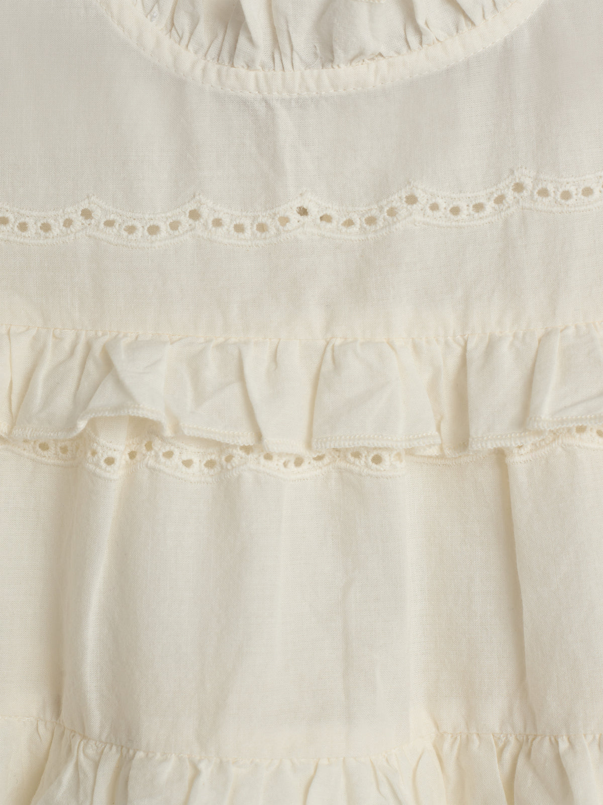 Cream-colored fabric features decorative stitching and ruffled layers. It includes delicate eyelet embroidery, creating a textured and ornamental design. The fabric is likely part of a garment, emphasizing a soft, elegant aesthetic.