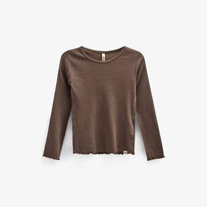 Langærmet Rib T-shirt i Modal med picot-kant - Kids - Chocolate | 100576 Mia