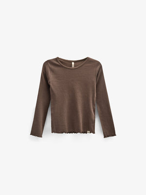 Langærmet Rib T-shirt i Modal med picot-kant - Tween - Chocolate | 100577 Mia