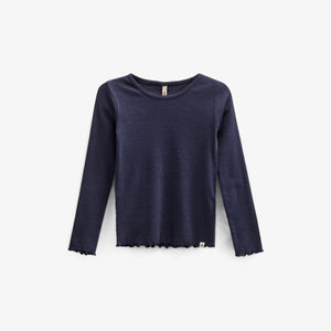 Langærmet Rib T-shirt i Modal med picot-kant - Kids - Navy | 100580 Mia