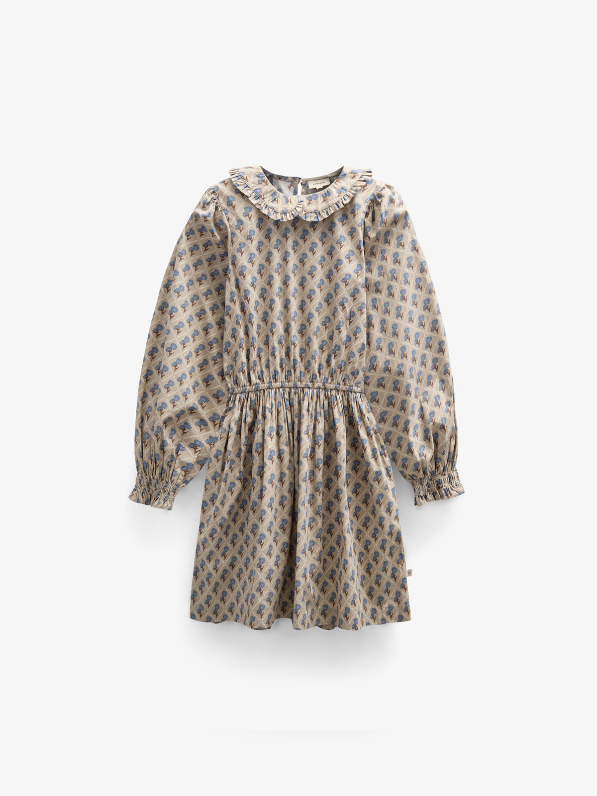 Kjole i bomulds-poplin med Print og elastik i taljen - Tween - Caffe Latte w. Blue | 100801 Amine