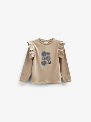 Jersey Bluse med flæseærmer og Print foran - Tween - Caffe Latte | 100843 Demi