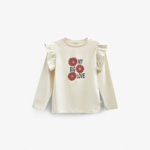 Jersey Bluse med flæseærmer og Print foran - Tween - Off White | 100845 Demi