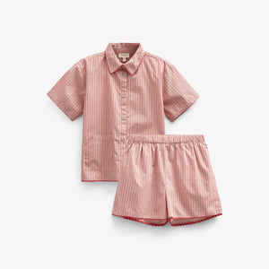 Stribet poplin sæt med skjorte og shorts - Kids - Old Rose/Cherry Red | 100946 Olivia