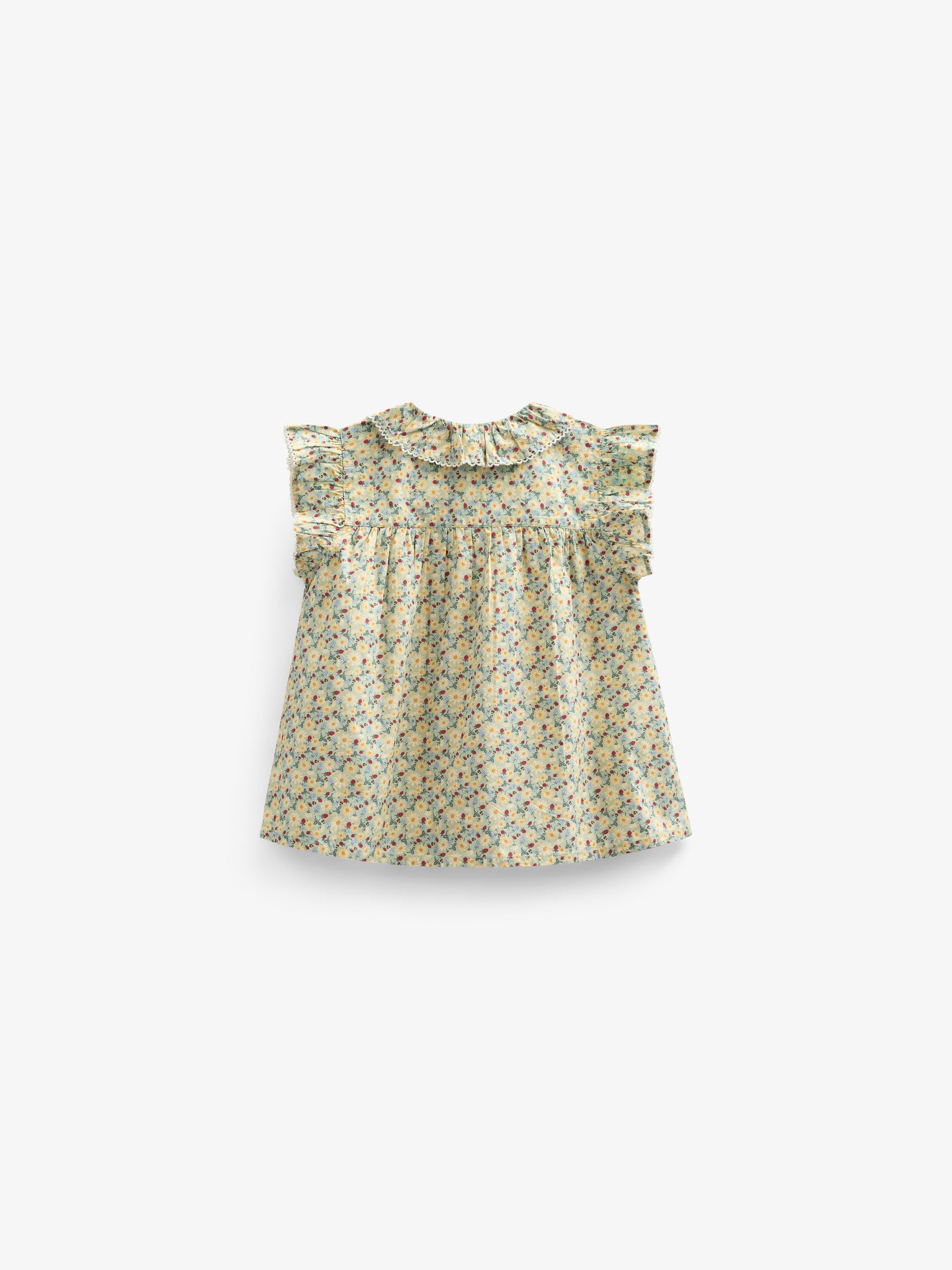 Poplintop med blomsterprint emphasise og flæse - Kids - Green | 100950 Poppy