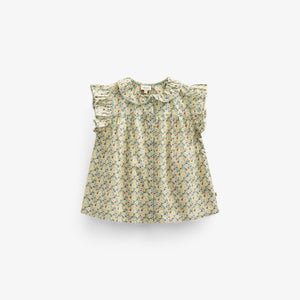 Poplintop med blomsterprint og flæse - Tween - Green | 100951 Poppy