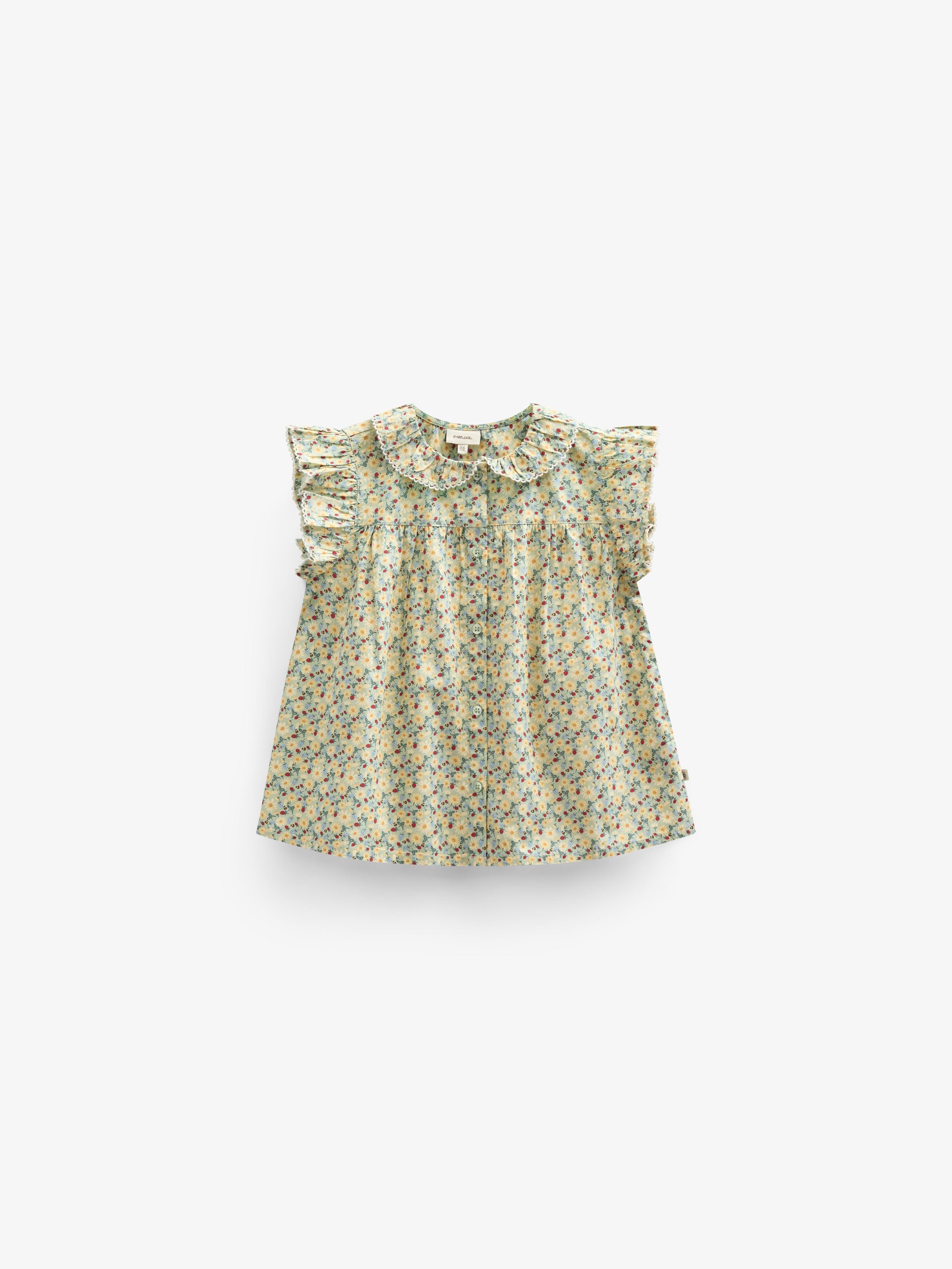 Poplintop med blomsterprint og flæse - Tween - Green | 100951 Poppy