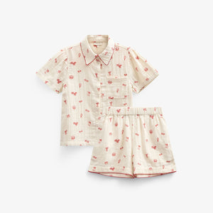 Skjorte og shortssæt i musselin med print - Tween - Offwhite/Cherry Red | 100973 Fiona