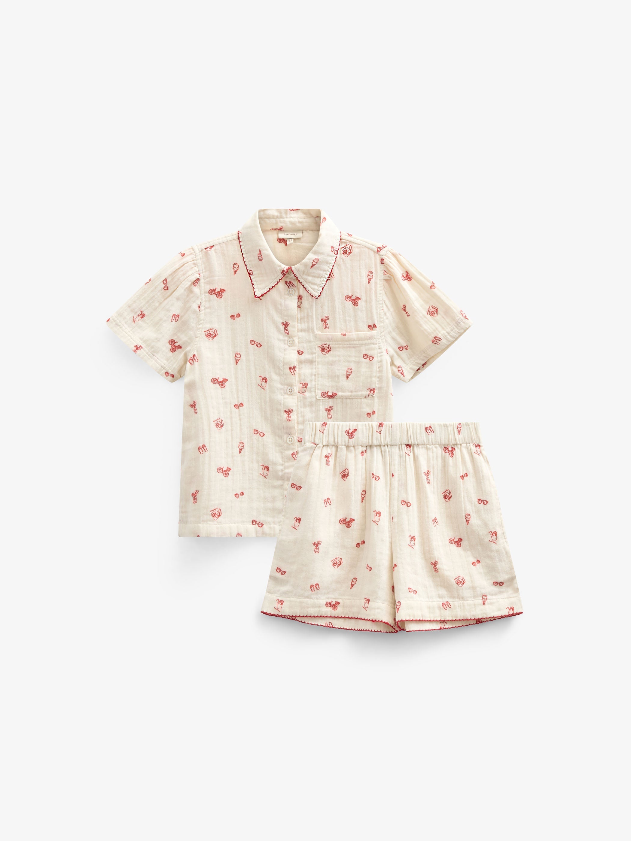 Skjorte og shortssæt i musselin med print - Kids - Offwhite/Cherry Red | 100972 Fiona
