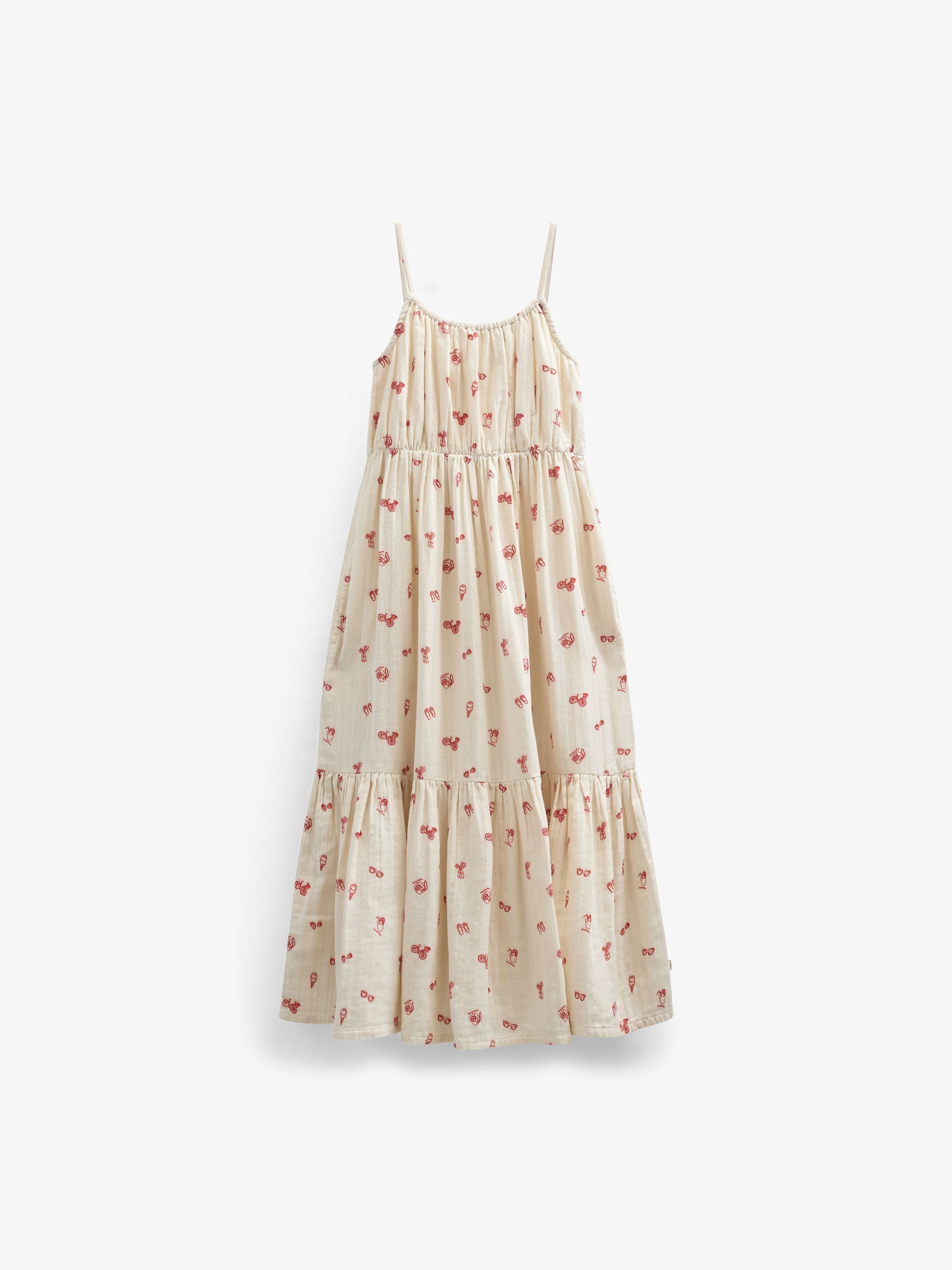 Midi stropkjole i musselin med print - Tween - Offwhite/Cherry Red | 100974 Fiona